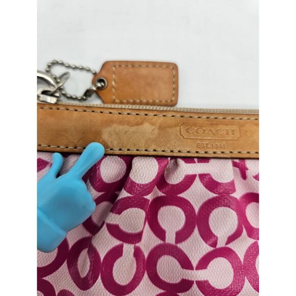 Coach Leah Opt Art Pink Coated Canvas Tan Leather Cosmetic Toiletry Make-up Bag - Picture 8 of 11